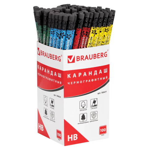 Карандаш чернографитный BRAUBERG, 1 шт., "Fuete", НВ, c ластиком, черное дерево, корпус ассорти, 180634