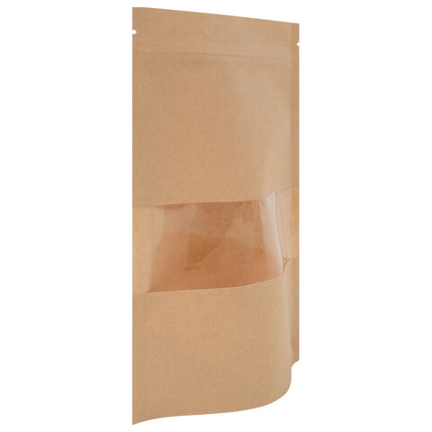 Пакеты дой-пак с замком ZIP LOCK, крафт с окном 60 мм, 200х300 + 50 мм, КОМПЛЕКТ 100 штук, 150 мкм, BRAUBERG, 700694
