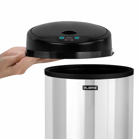Ведро для мусора СЕНСОРНОЕ 12 л, нержавеющая сталь, черная матовая крышка, питание от 4-х батареек AA (не входят в комплект), LAIMA, 609326