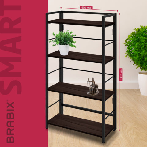 Стеллаж BRABIX "Smart SH-005", 605х290х1193 мм, ЛОФТ, прямой, складной, металл/ЛДСП ясень, каркас черный, 641869