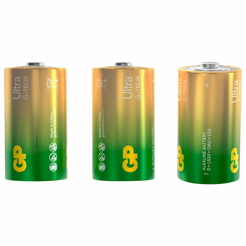 Батарейки КОМПЛЕКТ 2 шт., GP Ultra G-Tech, D (LR20, 13А), алкалиновые, блистер, 13AU-CR2