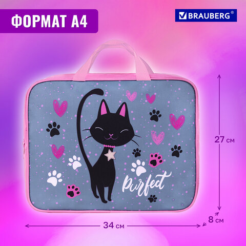 Папка на молнии с ручками BRAUBERG А4, 1 отделение, полиэстер, 80 мм, "Elegant cat", 271481