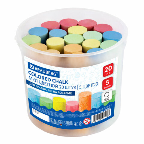 Мел в ведерке для рисования на асфальте 20 штук, 5 цветов, цветной круглый, BRAUBERG, 223557
