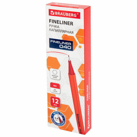 Ручка капиллярная (линер) КРАСНАЯ, BRAUBERG "FINE 040", шестигранная, линия письма 0,4 мм, 144142