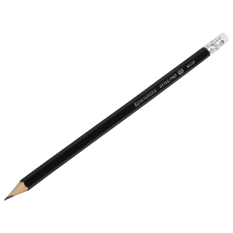 Карандаш чернографитный BRAUBERG "Style PRO", 1 шт., HB, с ластиком, корпус черный, 181723