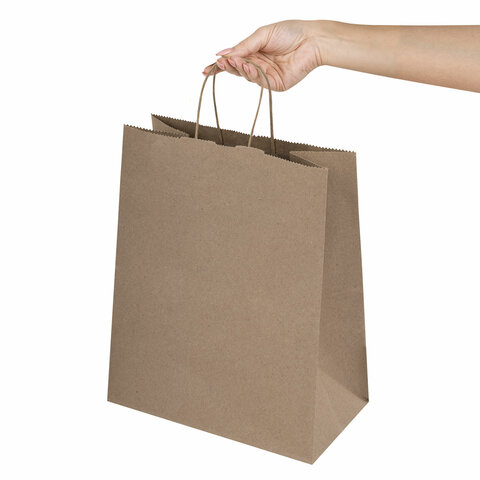 Крафт-пакет бумажный 26х15х35 см, КОМПЛЕКТ 50 шт., крученые ручки, плотность 90 г/м2, LAIMA ECO CRAFT, 609686
