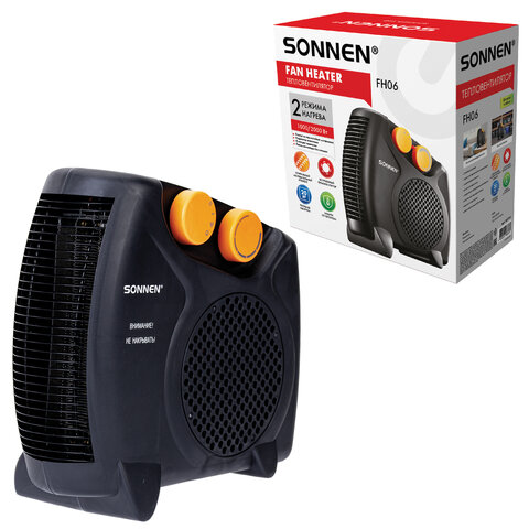 Тепловентилятор SONNEN FH06, 1000/2000 Вт, 2 режима нагрева, режим вентиляции, черный/оранжевый, 457781