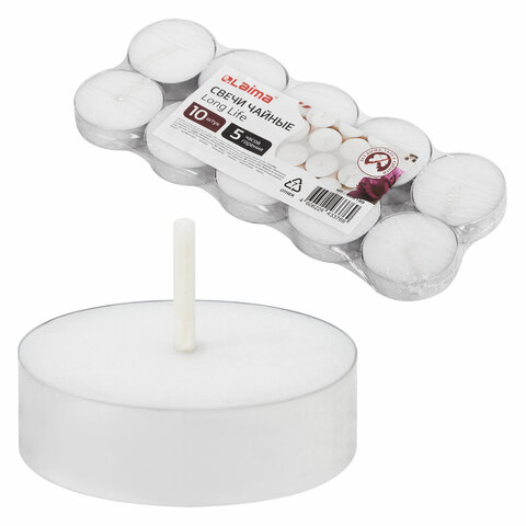 Свечи чайные Long Life, до 5 часов горения, вес 12 г, КОМПЛЕКТ 10 шт., в гильзе, LAIMA, 609199