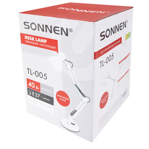 Настольная лампа-светильник SONNEN TL-005, подставка, 40 Вт, Е27, белый, высота 50 см, 237647