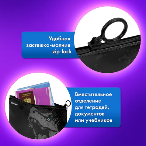 Папка для тетрадей BRAUBERG А4, 1 отделение, пластик, на zip-lock молнии, "Scary dino", 273321