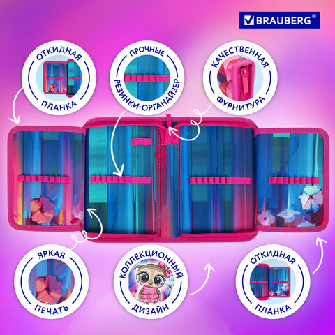 Пенал BRAUBERG, 1 отделение, 2 откидные планки, полиэстер, 21х14 см, "Wonderful night", 270717