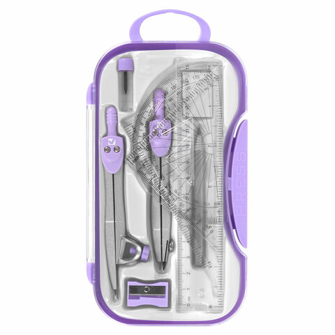Готовальня BRAUBERG SCHOOL KIT, 11 предметов, циркуль 115 мм, циркуль 125 мм, чертежные принадлежности, лавандовый цвет, 210714