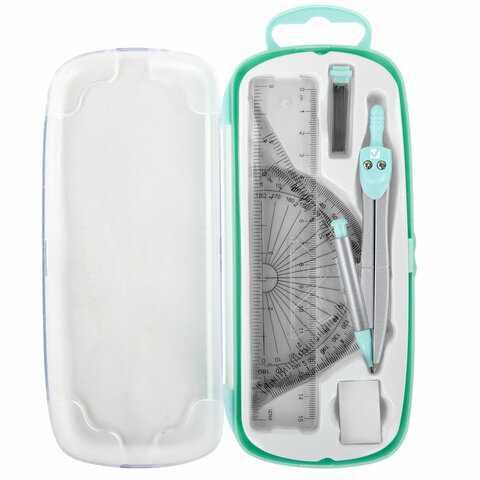 Готовальня BRAUBERG SCHOOL KIT, 9 предметов, циркуль 125 мм, чертежные принадлежности, мятный цвет, 210716