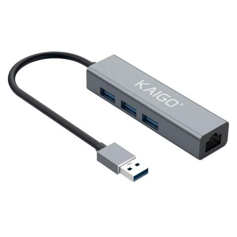 Хаб-разветвитель KG-096, USB-A 3.2, высокоскоростной, 4 в 1, 3 х USB-A 3.2, 1 x RJ-45, 120 мм, серый, KAIGO (КАЙГО) SMART, 355060