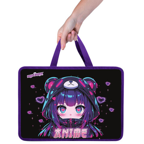 Папка на молнии с ручками ЮНЛАНДИЯ А4, 1 отделение, пластик, 80 мм, "Anime fan", 273362