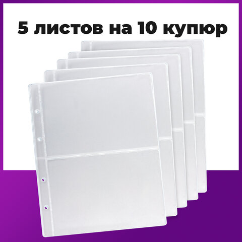 Листы-вкладыши для денежных купюр для альбома "Оптима" М9-05, комплект 5 шт., 200х250 мм, 2 кармана, ЛМБ-02