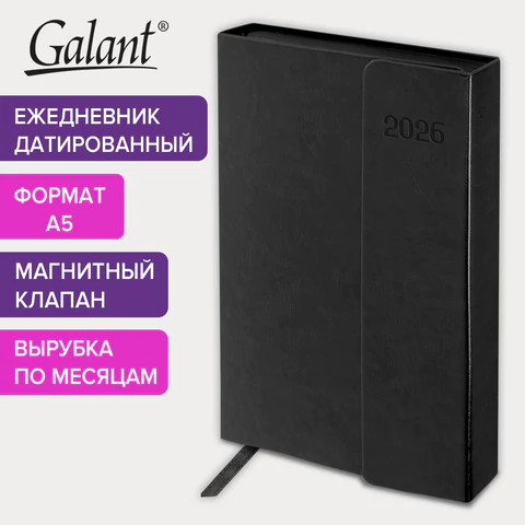 Ежедневник датированный 2026 А5 148х218 мм, GALANT "Magnetic", под кожу, клапан, черный, 117483