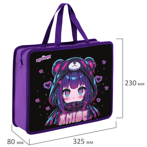 Папка на молнии с ручками ЮНЛАНДИЯ А4, 1 отделение, пластик, 80 мм, "Anime fan", 273362