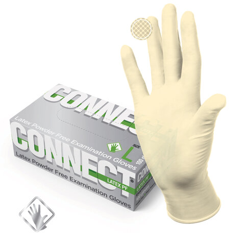 Перчатки смотровые латексные 50 пар (100 штук), CONNECT, размер 8-9, L (большой)
