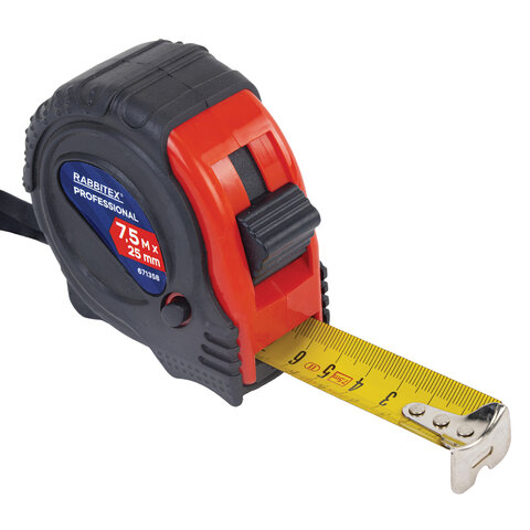 Рулетка измерительная 7,5 м х 25 мм, обрезиненный корпус, 3 фиксатора, RABBITEX (РАББИТЕКС) Professional, 671358