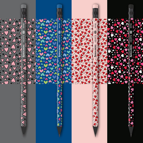 Карандаш чернографитный BRAUBERG "HEARTS", 1 шт., HB, с ластиком, корпус ассорти, 181762