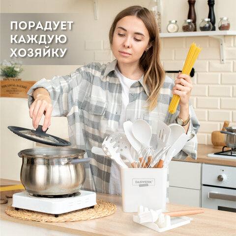 Набор силиконовых кухонных принадлежностей с деревянными ручками 13 в 1, молочный, DASWERK (ДАСВЕРК), 608196