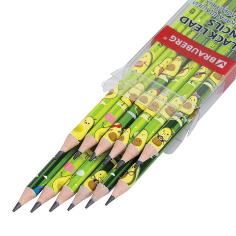 Набор карандашей чернографитных с принтом BRAUBERG "AVOCADO", 12 штук, HB, с ластиком, корпус ассорти, 182032