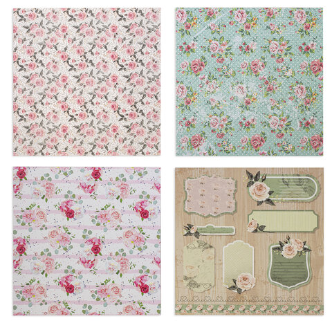 Бумага для скрапбукинга 15х15 см "Шебби-шик", двусторонняя, 12 листов, 12 дизайнов, 180 г/м2, ОСТРОВ СОКРОВИЩ, 662761