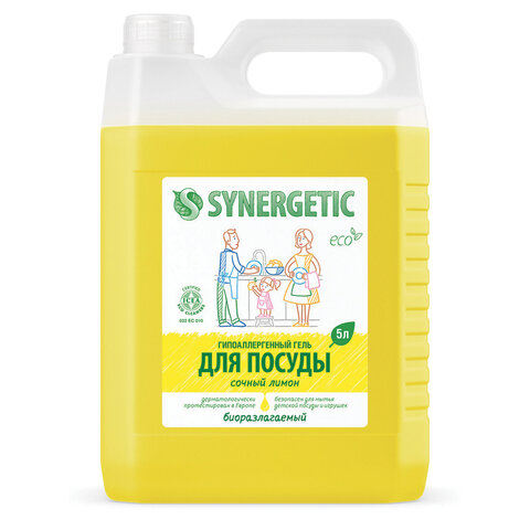 Гель для мытья посуды антибактериальный 5 л, SYNERGETIC "Лимон", 103500
