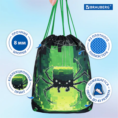 Мешок для обуви BRAUBERG PREMIUM, карман, подкладка, светоотражайка, 43х33 см, "Digital spider", 273444