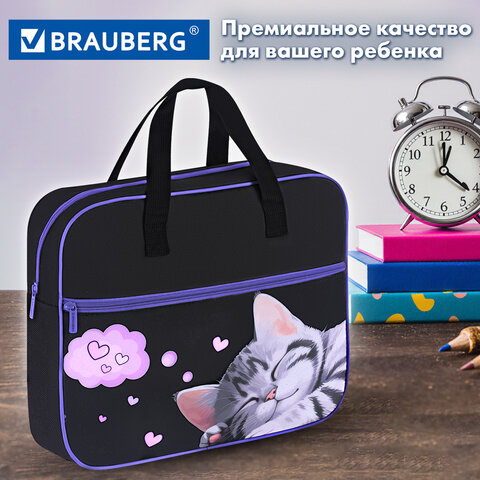 Папка на молнии с ручками BRAUBERG А4, 1 отделение, карман на молнии, 80 мм, "Sleeping kitten", 273309