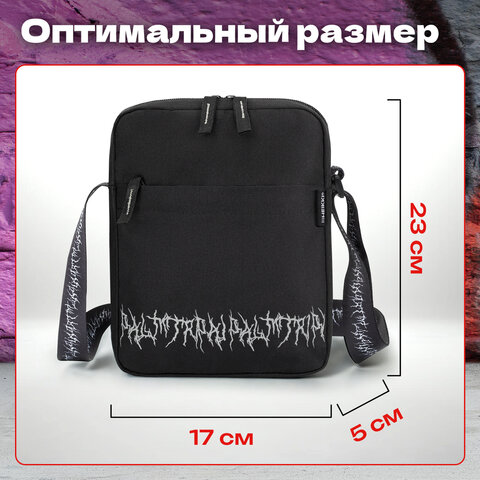 Сумка на плечо HEIKKI COMPACT (ХЕЙКИ) с карманом, черная с принтом, 23х17х5 см, 272629