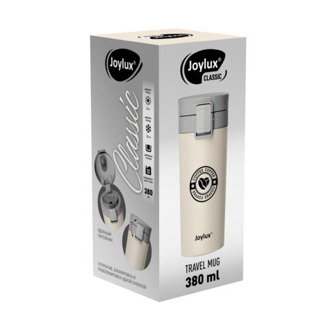 Термокружка 380 мл JOYLUX (ДЖОЙЛЮКС) CLASSIC COFFEE, нержавеющая сталь SUS304, бежевый с принтом, 700273