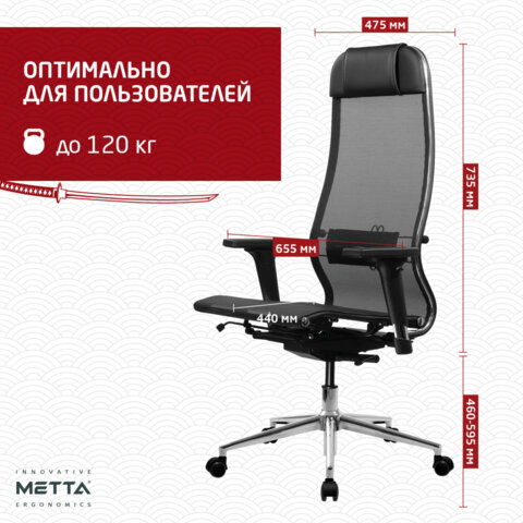 Кресло МЕТТА "ErgoLife" 10 B1-104D, хром, синхромеханизм, 2D-подлокотники, прочная сетка, черное
