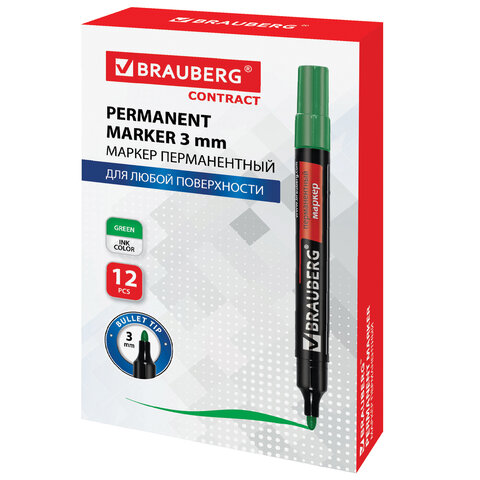 Маркер перманентный BRAUBERG "Contract", ЗЕЛЕНЫЙ, круглый наконечник, 3 мм, 150468