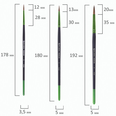 Кисти BRAUBERG PREMIUM, набор 10 шт. (круглые пони - 5 шт., синтетика - 3 шт., плоские щетина - 2 шт.), блистер, 201023