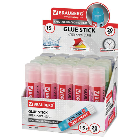 Клей-карандаш BRAUBERG "COLOR Crystal", 15 г, прозрачный, ассорти, 227969, PVP
