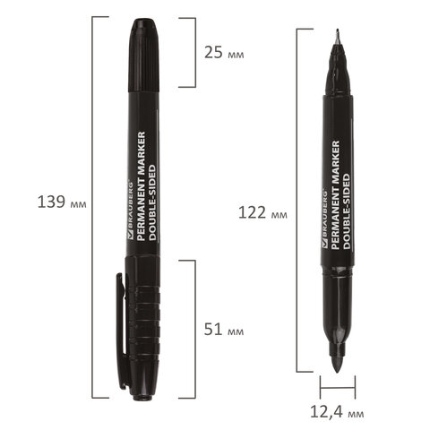 Маркер перманентный двусторонний BRAUBERG "Double", ЧЕРНЫЙ, наконечники 0,8/3 мм, 151635