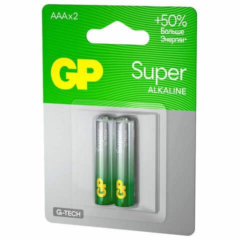 Батарейки КОМПЛЕКТ 2 шт., GP Super G-Tech, AAA (LR03, 24А), алкалиновые, мизинчиковые, блистер, 24A-2, 24A-2CR2