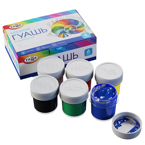 Гуашь ГАММА "Классическая", 6 цветов по 20 мл, без кисти, картонная упаковка, 2210306