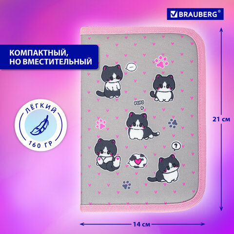 Пенал BRAUBERG, 1 отделение, полиэстер, 21х14 см, "Cat patches", 272327