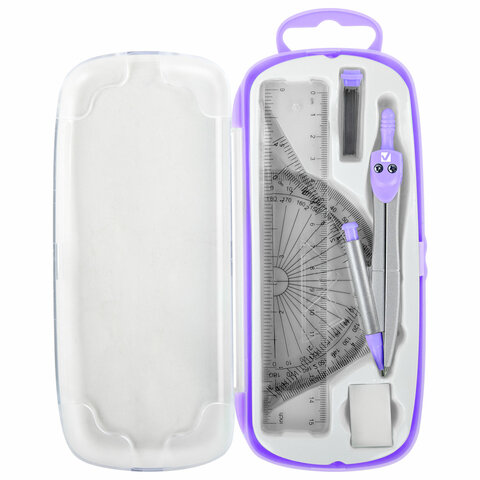 Готовальня BRAUBERG SCHOOL KIT, 9 предметов, циркуль 125 мм, чертежные принадлежности, лаванда, 210713