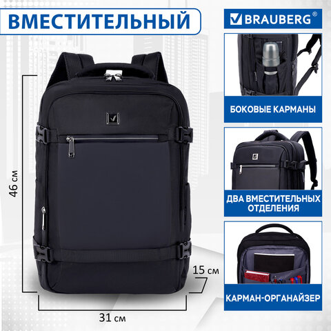 Рюкзак BRAUBERG FUNCTIONAL с отделением для ноутбука, 2 отделения, USB-порт, Solid, 46х31х15 см, 272575