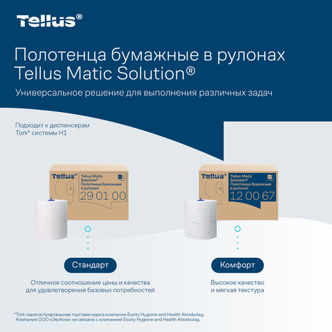 Полотенца бумажные рулонные 150 м, Tellus/TORK Matic (Система H1) ADVANCED, 2-слойные, белые, КОМПЛЕКТ 6 рулонов, 120067