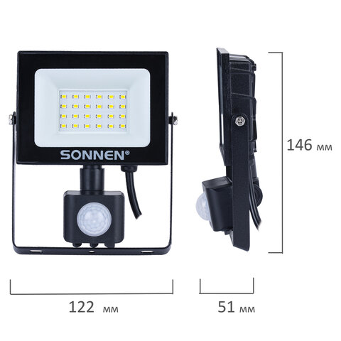 Прожектор светодиодный с датчиком движения 20 Вт, 6500 К, 1600 Лм, 20 м2, IP65, 122х146х51 мм, черный, SONNEN, 238416