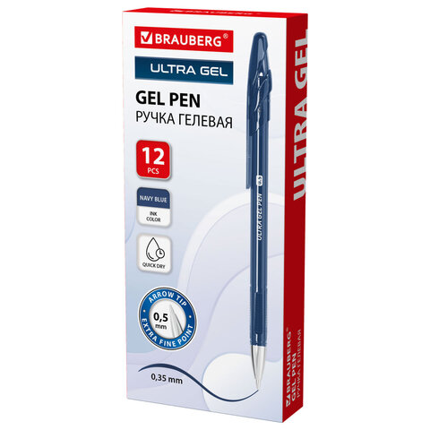 Ручка гелевая BRAUBERG "ULTRA GEL NAVY BLUE", ТЕМНО-СИНЯЯ, стандартный наконечник 0,5 мм, линия письма 0,35 мм, 144281