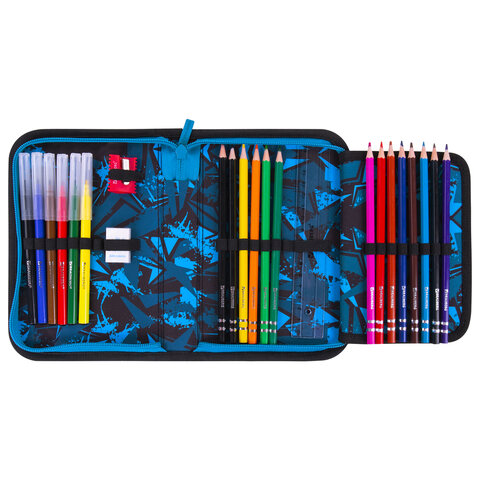 Пенал BRAUBERG с наполнением, 1 отделение, 1 откидная планка, 24 предмета, 21х14 см, "Night race", 272352