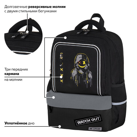 Рюкзак BRAUBERG STAR, 1 отделение, 5 карманов, "Watch out", черный, 40x29x13 см, 273132