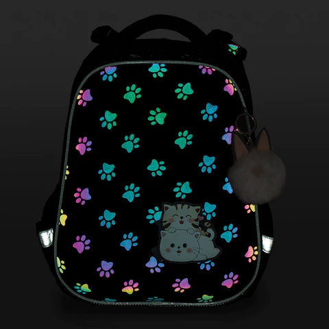 Ранец BRAUBERG LUMINOUS, 2 отделения, с брелоком, "Paws", СВЕТЯЩИЙСЯ РИСУНОК, 38х29х16 см, 271366