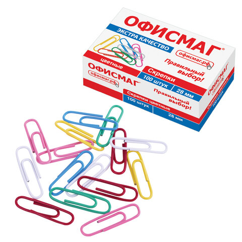 Скрепки ЭКСТРА ОФИСМАГ 28 мм цветные 100 штук, 271316